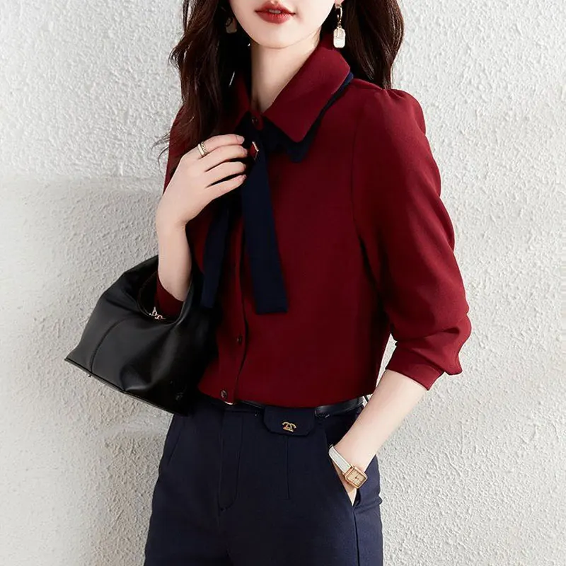 Fashion Casual Basic Shirt Solid Color Women\'s Clothing Turn-down Collar Spring Autumn Spliced Bow Single-breasted Loose Blouse