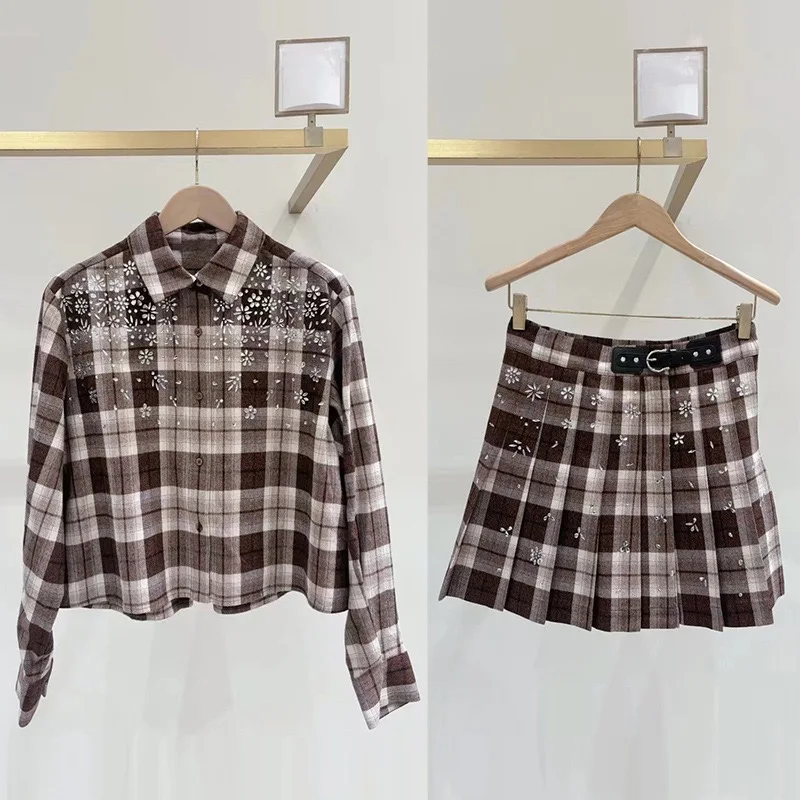 

Retro Plaid Floral Diamond Decorated Collar Shirt Skirt Set Autumn Winter New Arrival Women's Cotton Long Sleeve Button up