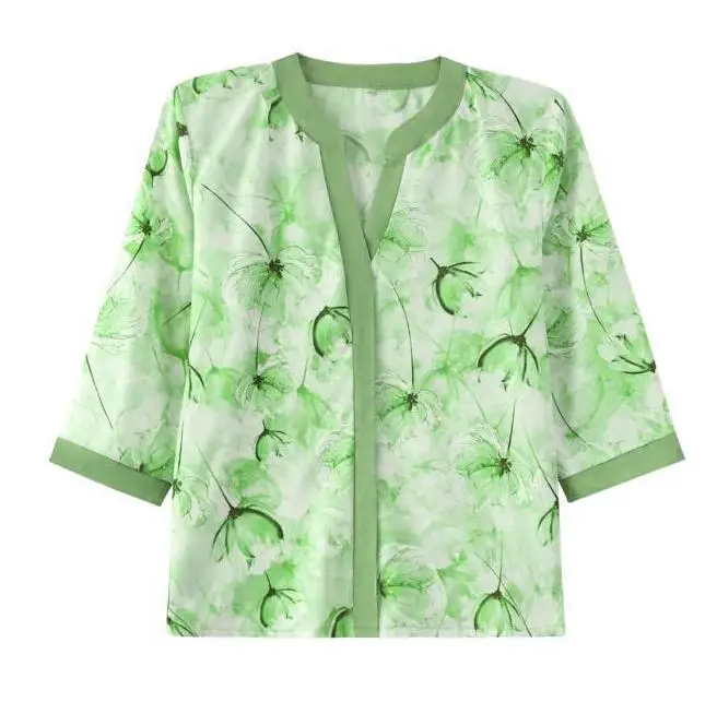 

flower printing shirt Chinese style Middle sleeve Small V-neck middlle top shirt women's summer loose fit tops