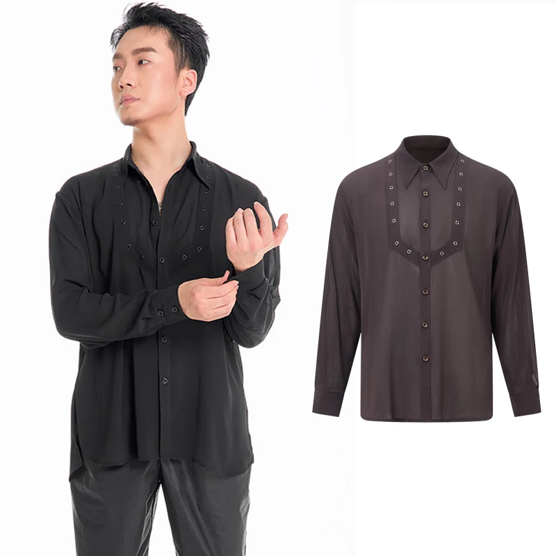 DUYQ National Standard Dance Clothing For Men Long Sleeved Shirts Samba Rumba Latin Dance Tops Male Ballroom Latin Wear DQS24195