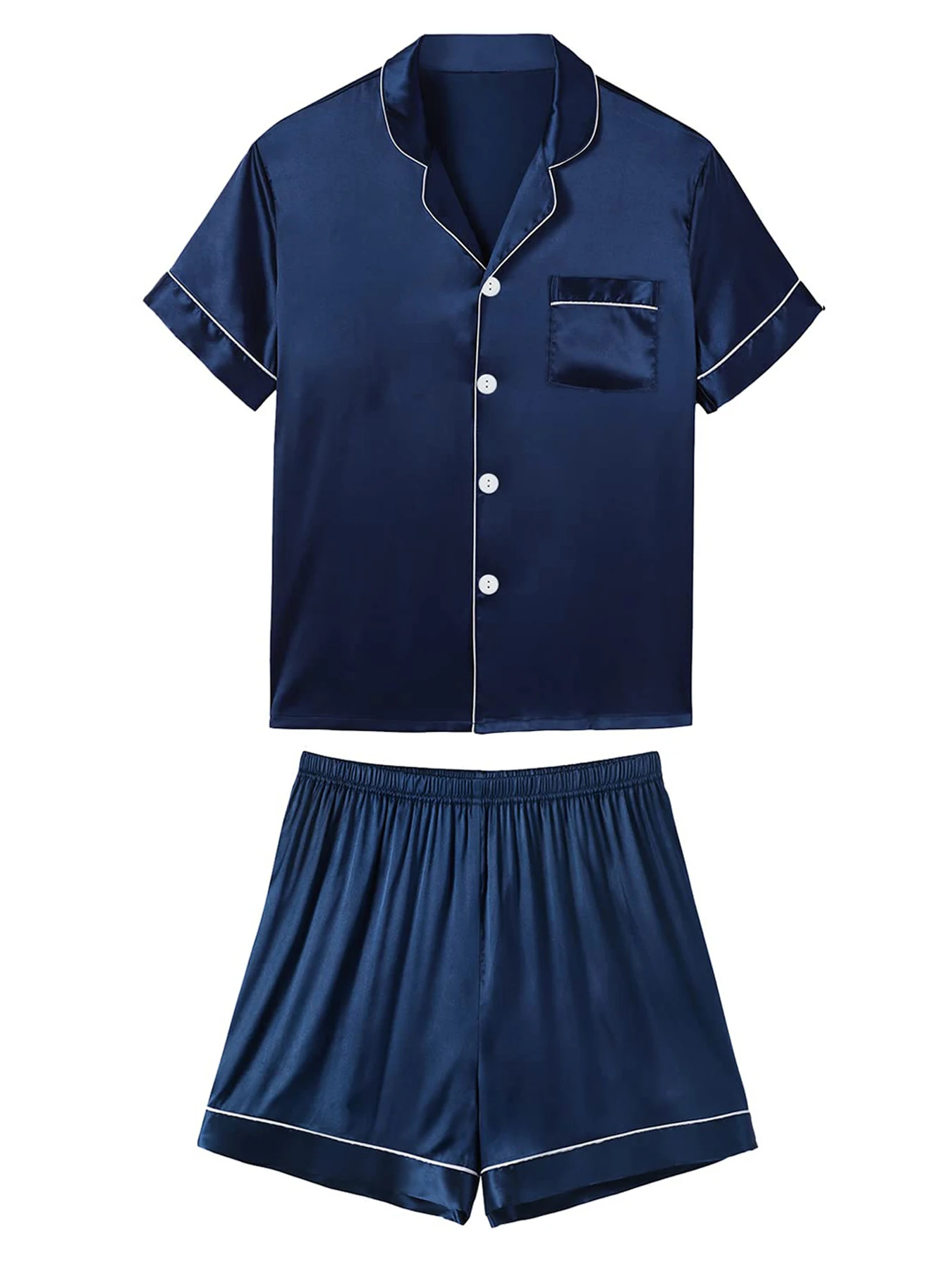 2-teiliges Pyjama-Set aus seidigem Satin für Herren, kurzärmeliges Hemd mit Revers, Brusttasche und Shorts, glatte Haptik, weiche Nachtwäsche, gemütliche Nachthemden – Detail 15