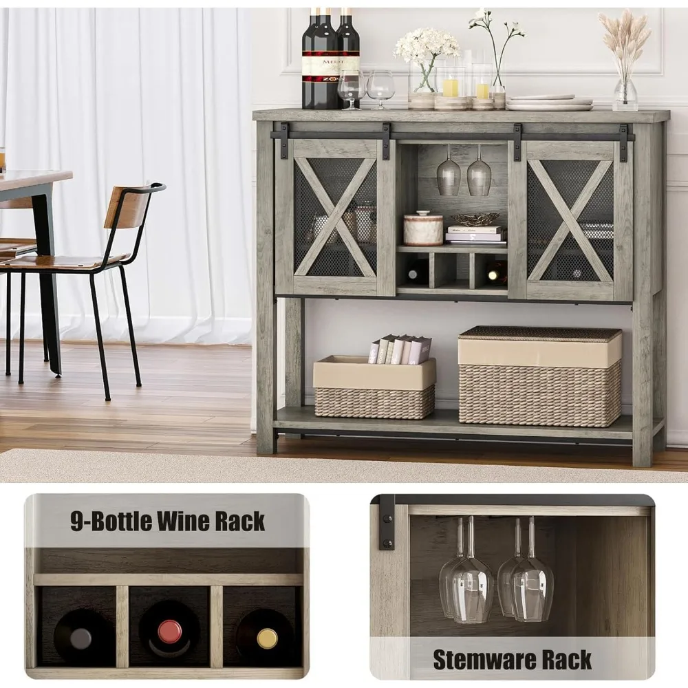 Armoire de bar à vin avec porte coulissante de grange, armoire à café avec casier à vin et support pour verres, buffet de cuisine.