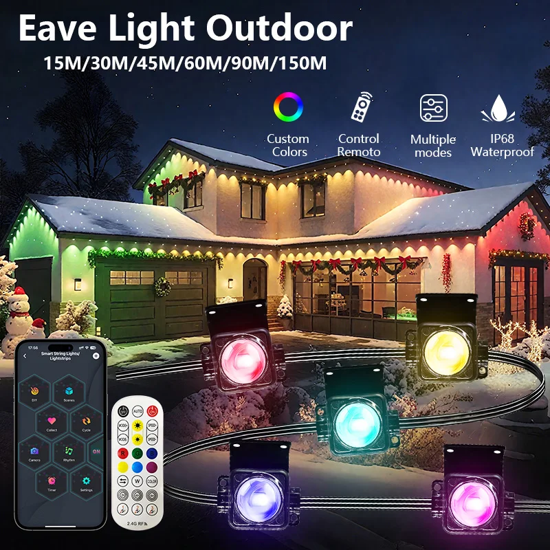 

RGB Eaves Lights Smart Bluetooth APP Постоянное наружное освещение IP67 Водонепроницаемые рождественские светодиодные гирлянды для декора рождественской вечеринки