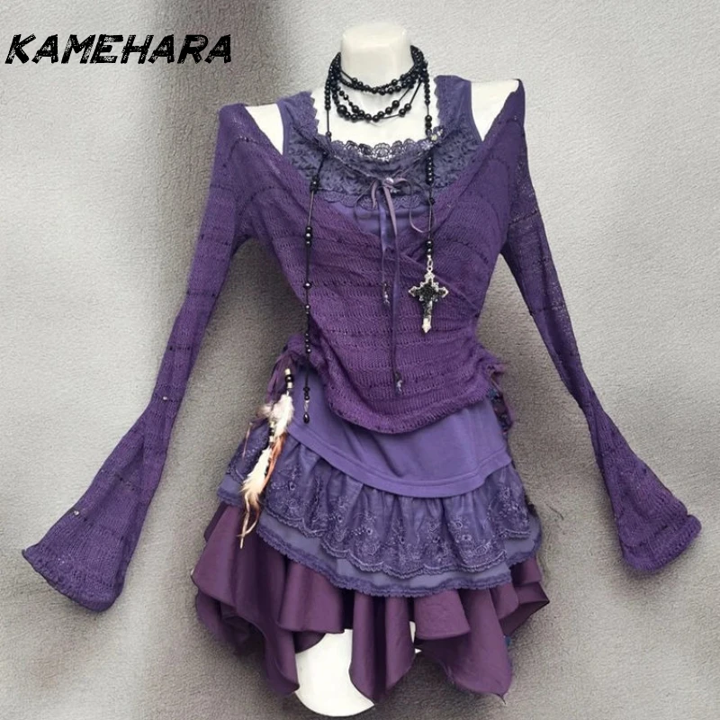 【 Romantic Purple Series 】 Y2K Vintage Outfit 2025 Vintage Cardigan+inner Camisole Top+short Skirt Three Piece Set