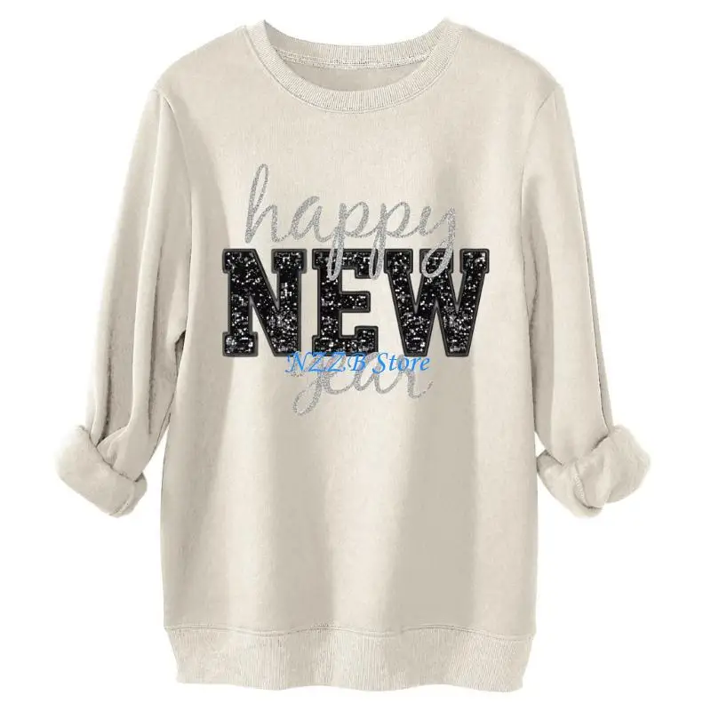 

T21F Womens New Year Sweatshirt Letter Print Loose Fit Pullover Top for Holiday Party