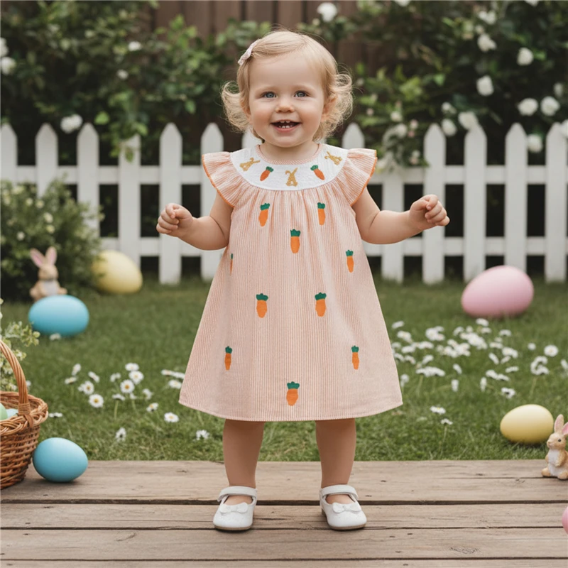 

Baby Girl Easter Dress Flying Sleeve Crew Neck Rabbit Carrot Embroidery A Line Striped Dress Baby Girl Dresses for 1-5Y