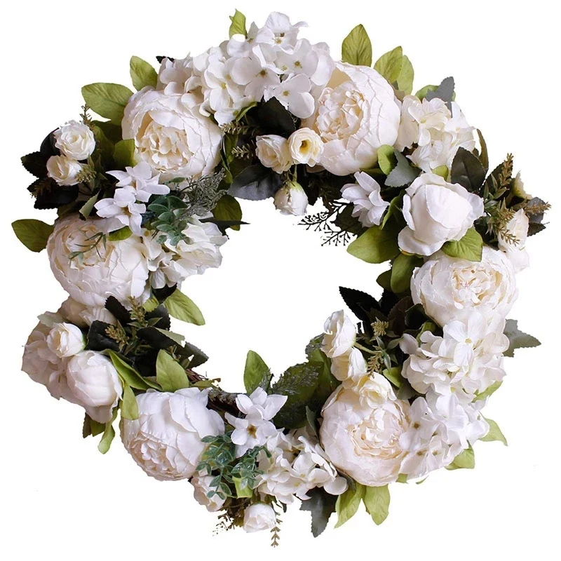 

Artificial Garlands Front Door Wreaths, Artificial White Peony Hanging Wreath for Home Party Indoor Outdoor Window Wall