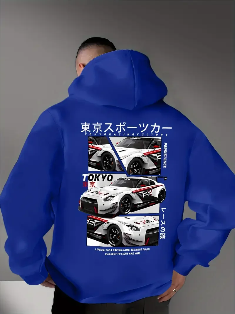 Hinter den Elementen der japanischen Tokyo Motor City steckt ein großformatiger, bedruckter Herren-Kapuzenpullover im lässigen Street-Style, ein Sweatshirt. – Detail 8