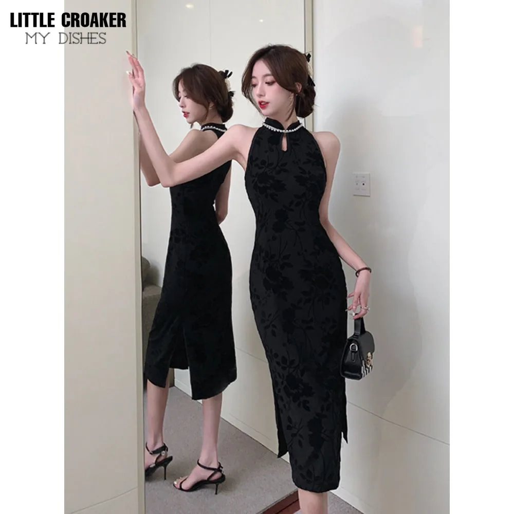 Hepburn Flocking Senior Cheongsam Elegant Summer Long Chinese Slim Sleeveless Little Black Dress Huge Thin Light Mature Dress