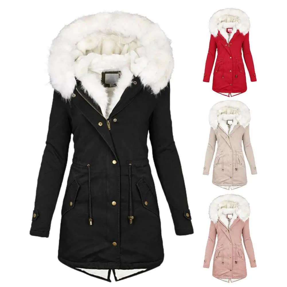 Cotton Coat  Classic Fleece Lined Mid-length Hooded Casual Coat  Slim Fit Women Coat