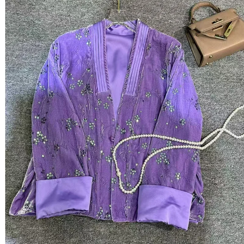 Spring and Autumn New Exclusive Custom Silk + Velvet Fabric Exquisite Sequin Embroidery Fashionable Loose Jacket For Women S-XL