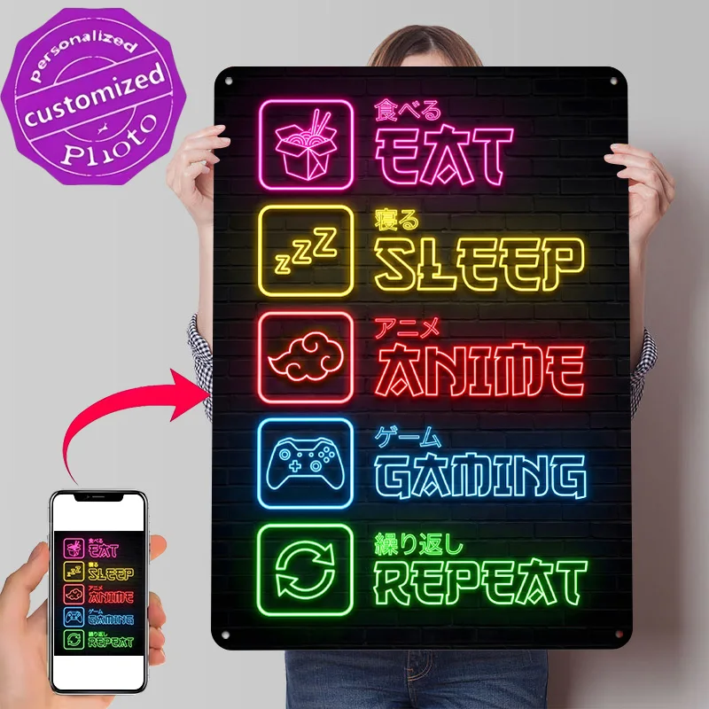 Anime Gaming Repeat Quote Neon 3D Texture Metal Poster Customized Wall Art Tin Sign Gift for Mancave Home Decoration Aesthetic