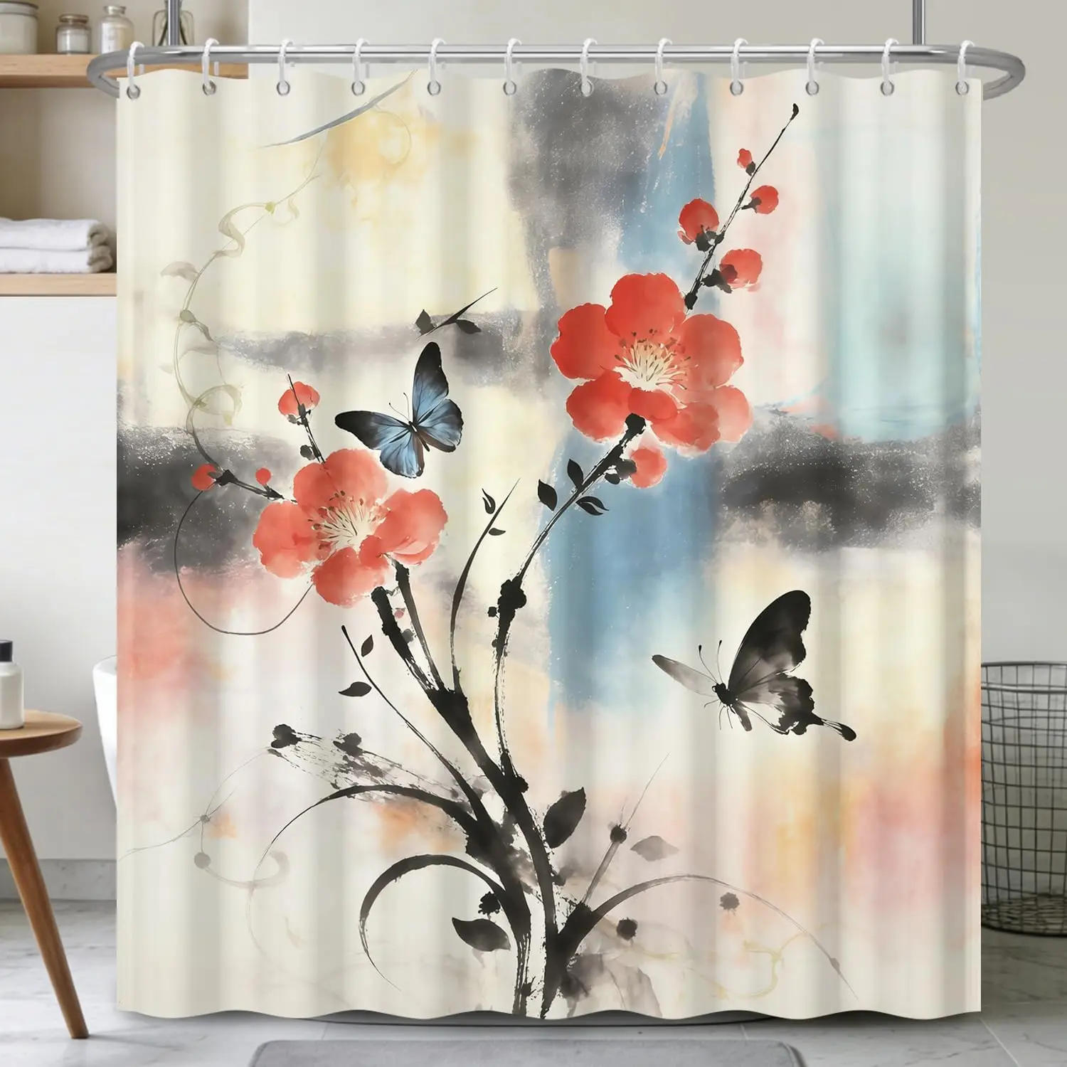 

Watercolor Botanical Print Spring Theme Shower Curtain for Farmhouse Boho Bathroom Decor, Waterproof Bath Tub Curtain