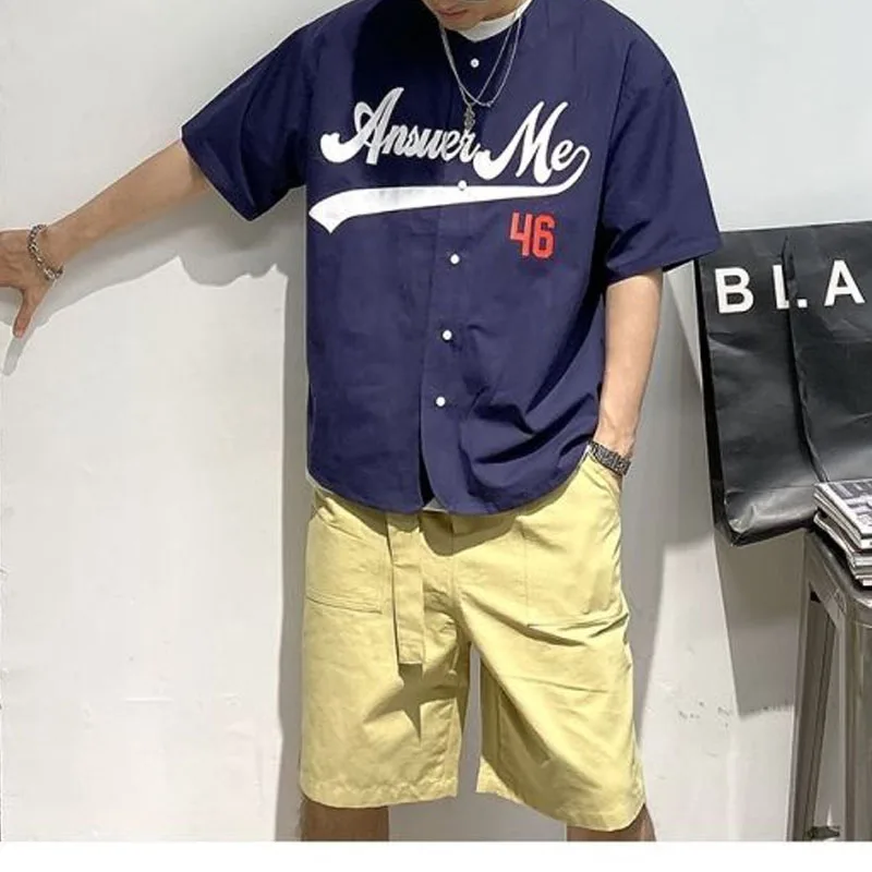 2024 Summer New Men's Coats Short Sleeve Crew Neck Button Letter Printed Trendy Fashionable Loose Comfortable Casual Tops