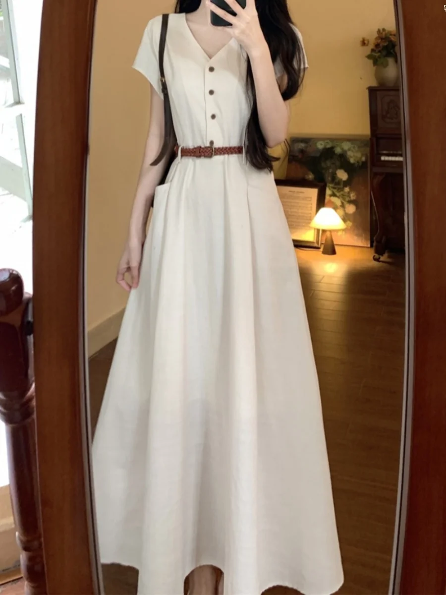 

Элегантное летнее платье для женщин больших размеров, для фигуры типа «груша», с завышенной талией, А-силуэт, стройнящее, длинное, в корейском стиле, для повседневной носки