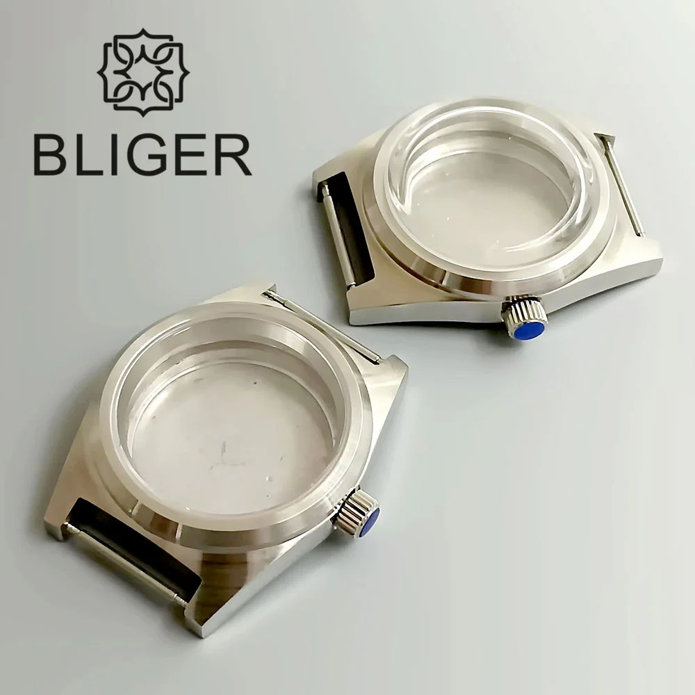 BLIGER 39mm Domed Coated Glass Watch Case/ Flate Sapphire Glass Silver Stainless Steel Fit NH35 NH36 ETA2824 PT5000 movement