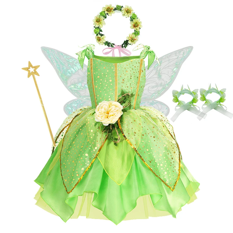 Girls Flower Fairy Dress Up Kids Princess Dress With Wings Halloween Princess Costume Elves Party Tinkerbell Tinker Bell Dress