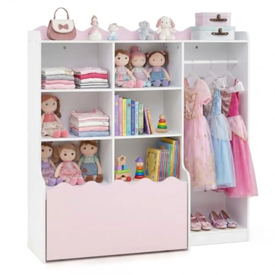 toy storage organizer for dress-up play, polyester fabric, pink, foldable with dual compartments and carry handles