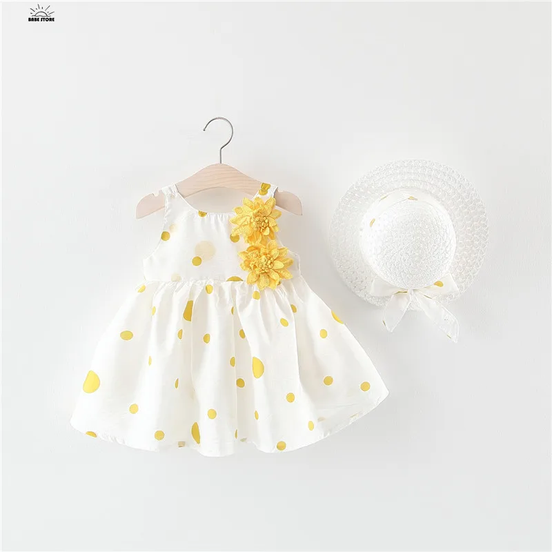 Big Bow Baby Dress Lovely Summer Infant Baby Girl Clothes Cute Dot Sleeveless Cotton Toddler Dresses+Sunhat Newborn Clothing Set