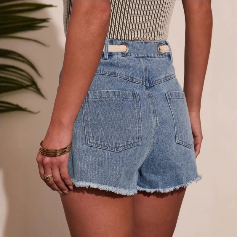 Women Casual Denim Shorts Splice Tassel Elasticated Waist Lace-up Three Quarter Pants Female Streetwear Straight New Breechcloth