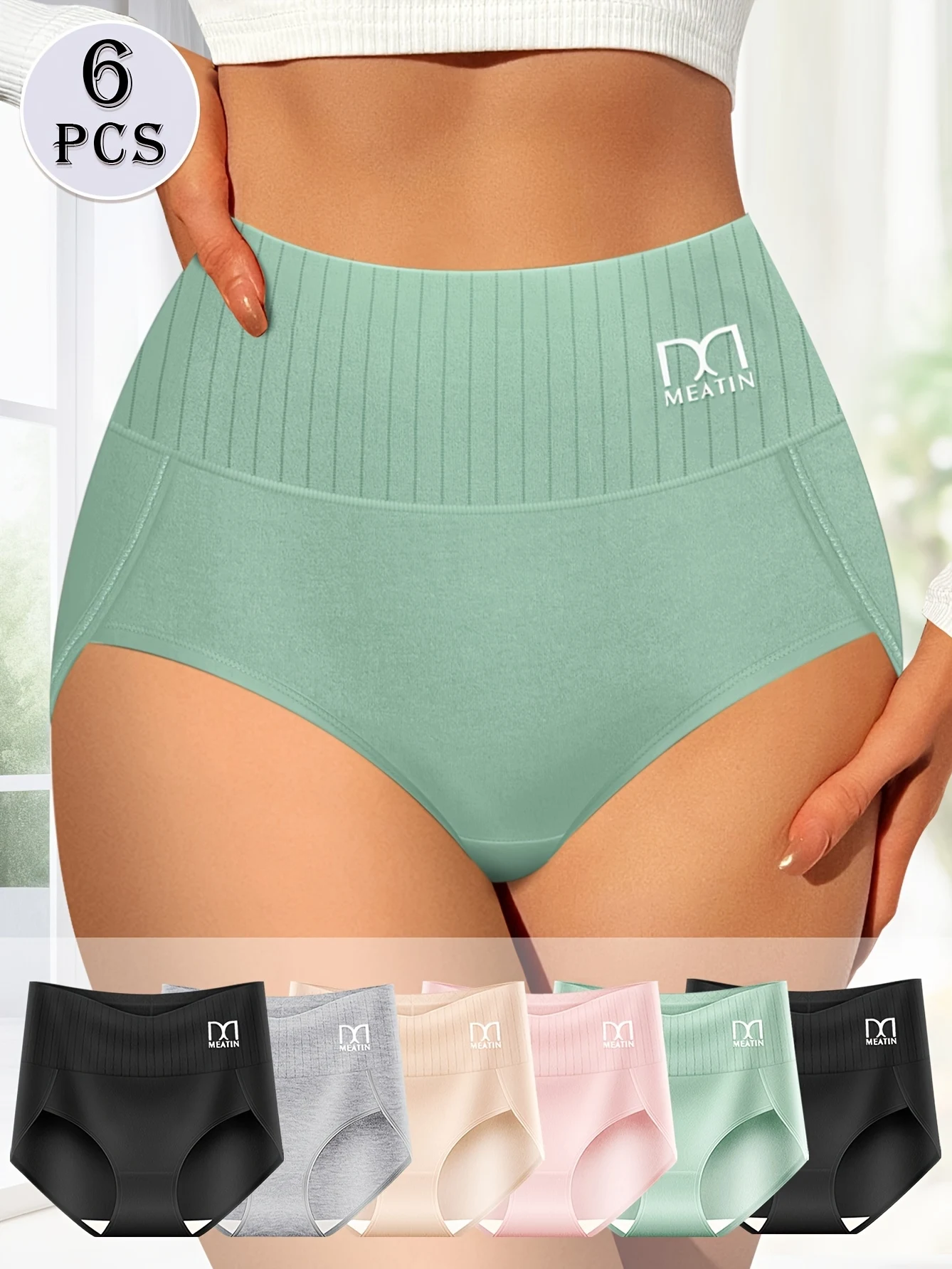 Confezione da 6 slip da donna a vita alta con controllo della pancia, tessuto morbido e traspirante, eleganti colori solidi (verde menta,