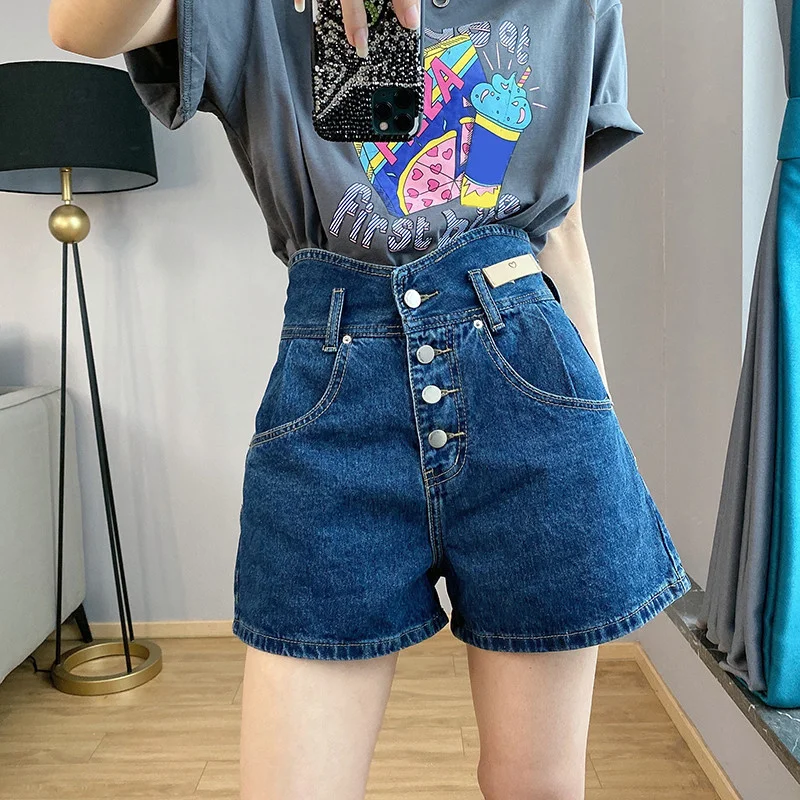 

Sexy Women's Jeans Loose Button Fly Pockets Tierred Thin Shorts Fashion Preppy Style Checkered Denim High Waist Wide Leg Pants