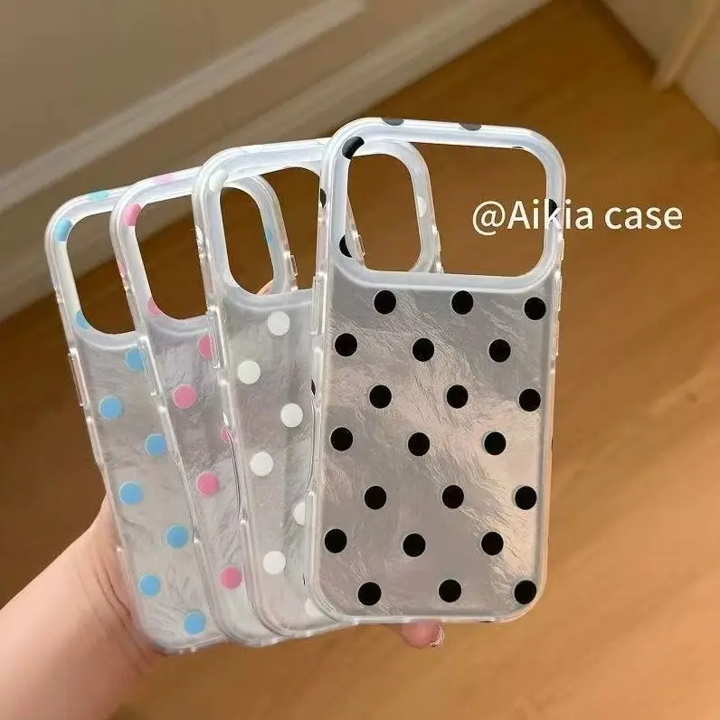 Coque de téléphone coréenne à pois noirs, blancs et bleus brillants pour iPhone Ultra 18 17 Air 16 15 14 13 12 11 Pro 16Plus Mini Y2K