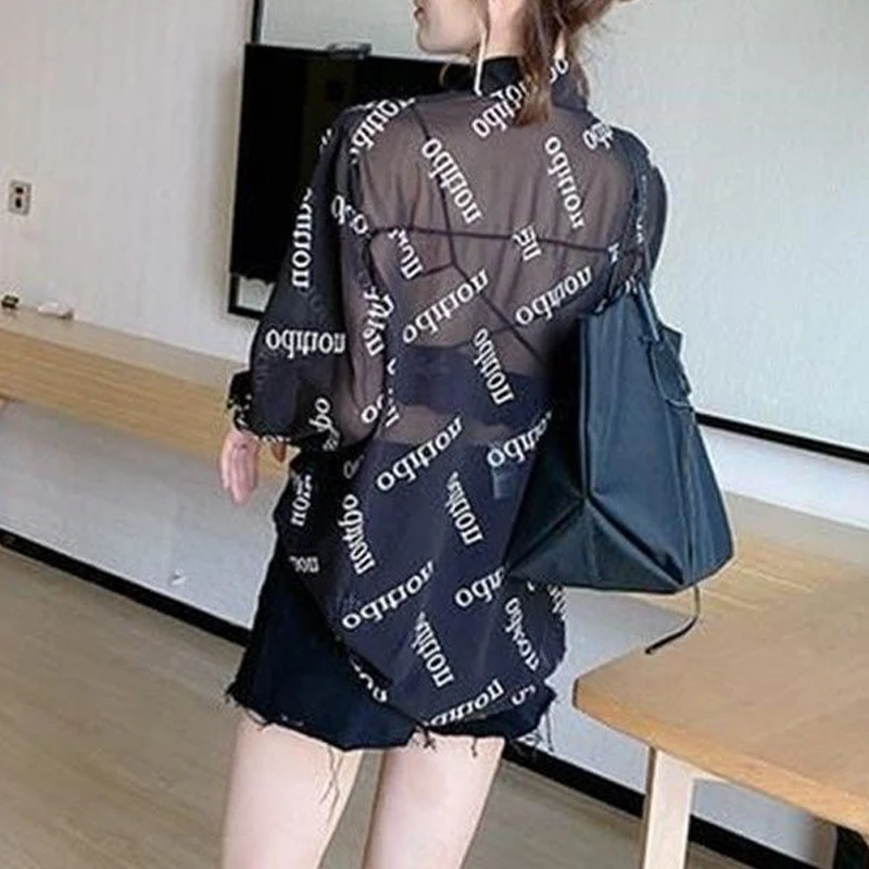 Women Letter Print Sexy Thin Sheer Button Up Shirt Summer Fashion Sunscreen Oversized Blouse Casual Long Sleeve Streetwear Tops