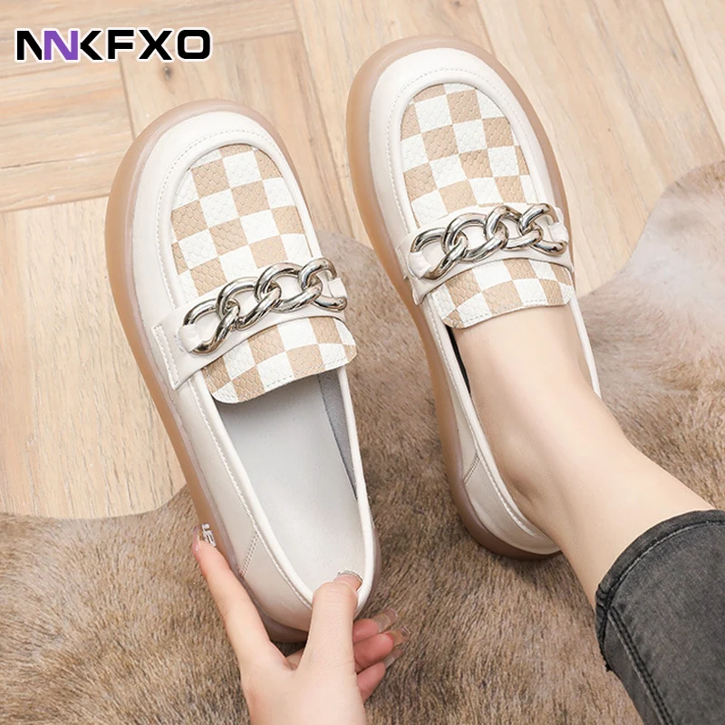 

New Genuine Leather Shoes Women Platform Sneakers Black And White Checked Causal Girl Tenis Vulcanize Female Flats Footwear