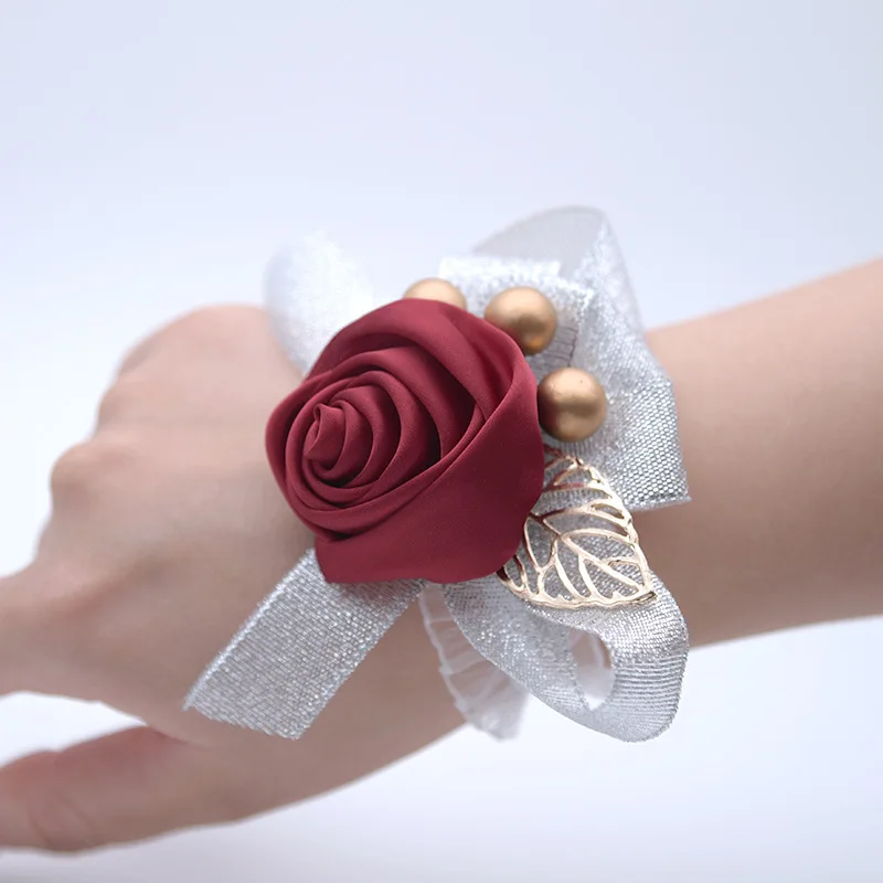 Grijs Rose Bloemen Zijden Strik Huwelijk Accessoires Pols Corsage Bruiloft Armband Bruidsmeisje Party Leveranciers