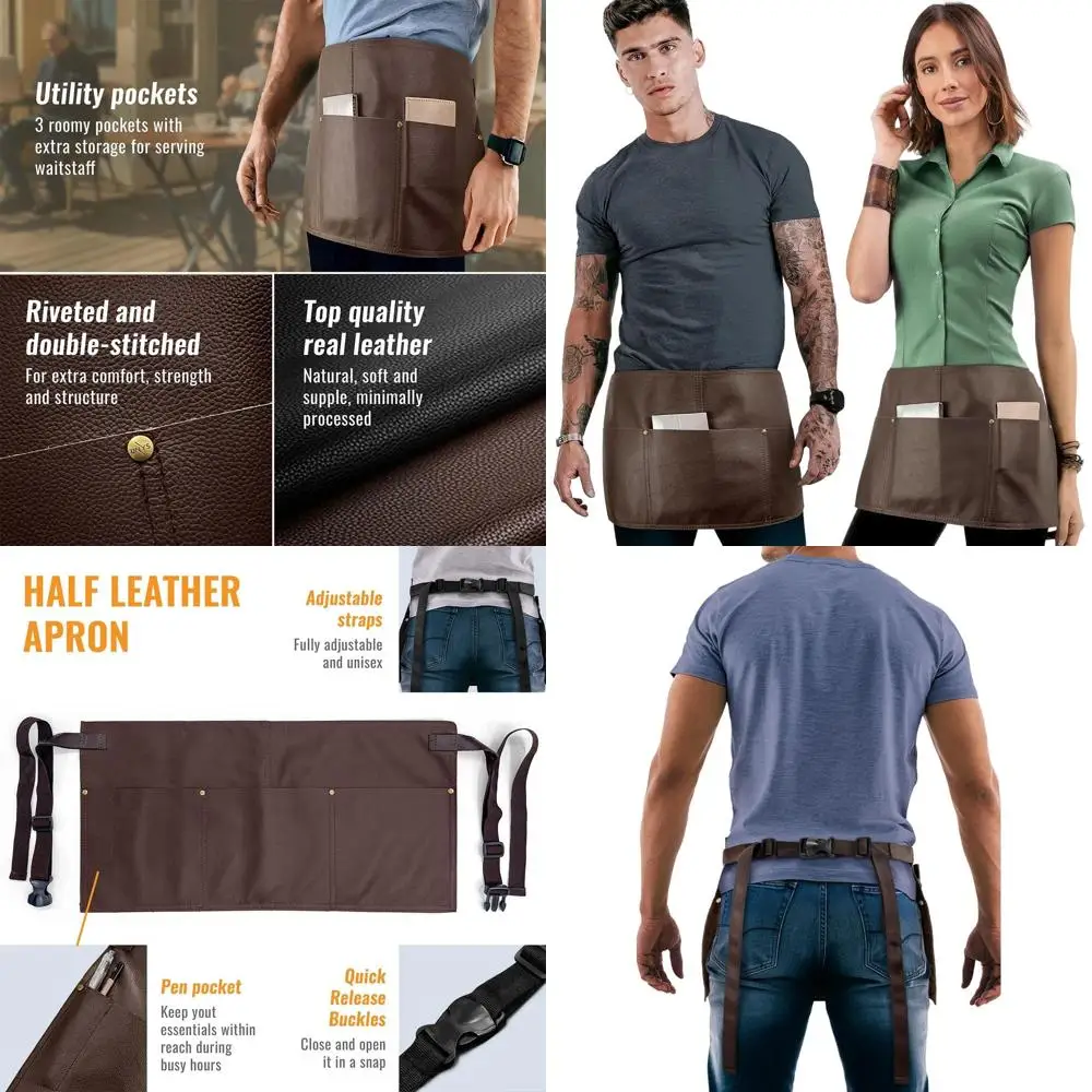 

Brown Genuine Leather Half Apron with Big Pockets - Adjustable for Men & Women - Ideal for Restaurant, Barista, Shop, Salon, Bar