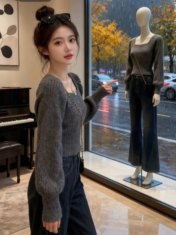 

ay ort Knitted Sweater Women's Inner Spring Autumn New Faionable Lantern Sve Square Collar Knitted Base Top