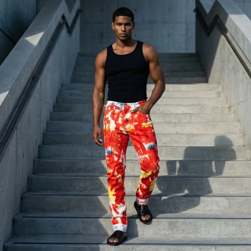 

2026 Ropa Y2K Fashion Tie Dye Slim Stretch Casual Jeans Pants For Men Clothing Male Streetwear Cotton Long Trousers Moda Hombre