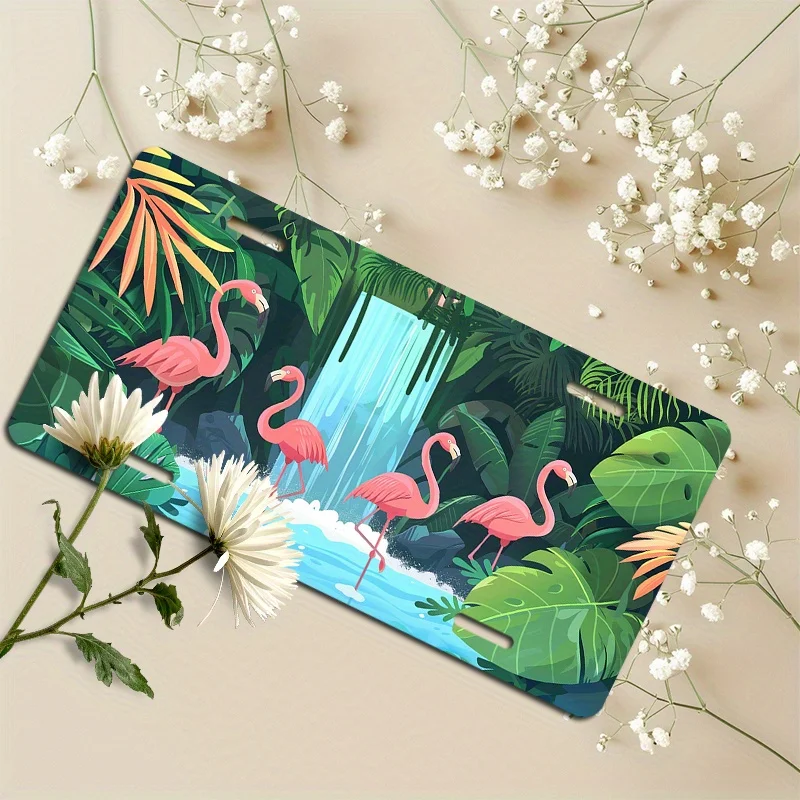 Placa de Matrícula Plana 2D con Flamenco Rosa - Decorativa, Impresa con UV, para la Parte Delantera del Coche, Resistente a Arañazos, Solo para Uso Decorativo