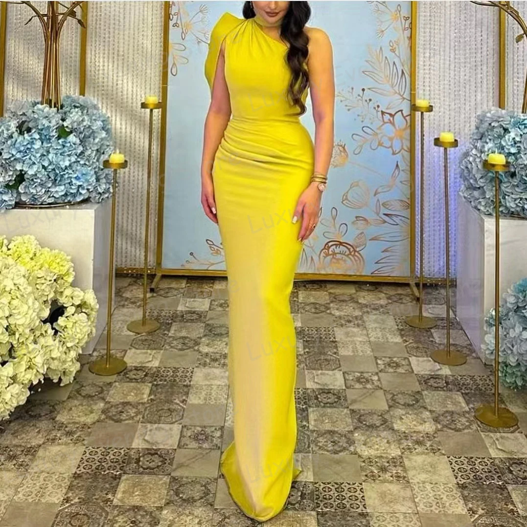 Luxury Yellow Evening Dresses Mermaid Woman\'s Sexy High Neck One Shoulder Sleeveless Prom Gowns Elegant Party Vestidos De Fiesta