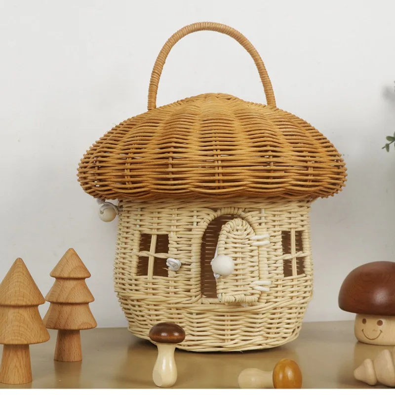 

Photography Props Handmade Rattan Woven Mushroom Basket Outdoor Vacation Picnic Baskets Kids Toy Sundries Container Photo Decor