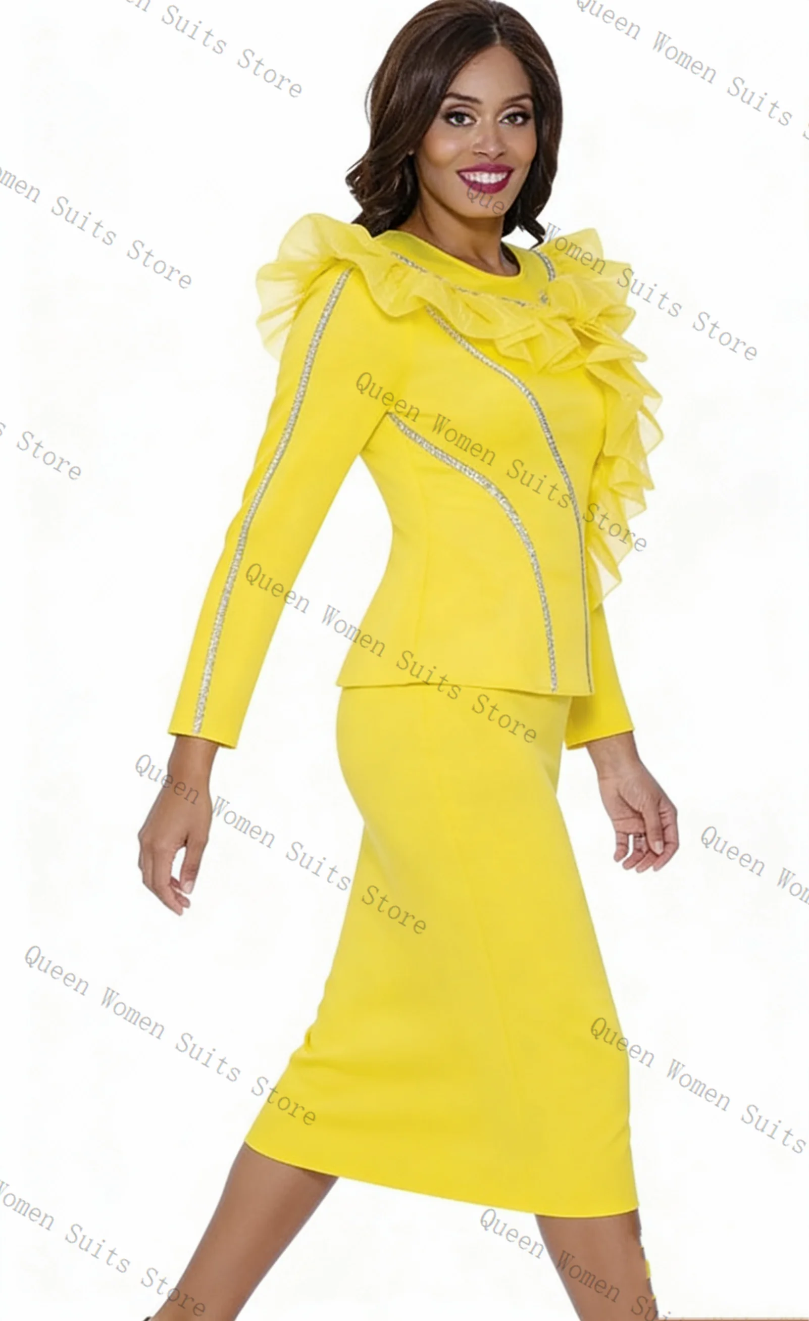 

Crystals Yellow Women Suit Skirt Set 2 Pcs Blazer Prom Dress Mother Guest Formal Office Lady Jacket Wedding Coat Customized