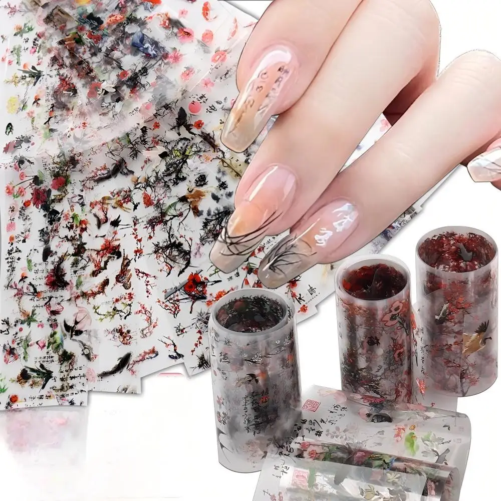 10pcs Chinese Ink Painting Nail Stickers Peony, Crane Calligraphy Designs, Water Transfer Decals for DIY Manicure