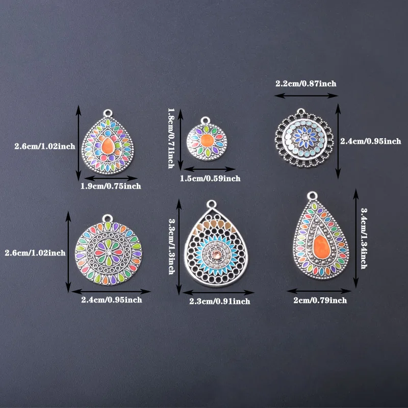 12pcs Bohemia Enamel Charms Antique Silvery Zinc Alloy Earrings Water Drop Pendant DIY Women's Jewelry Making image 2