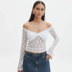 Women's floral lace tailored top, semi-transparent long-sleeved off-the-shoulder shirt, casual fashion street wear