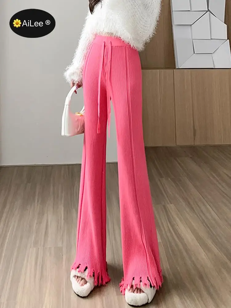 New Style Tassels Wide Leg Knitted Pants Women Winter Chic Stripe Loose Trousers Femme Casual Full Length Warm Sweater Pants