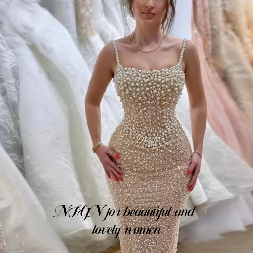 NFYN Blue Elegant Prom Dresses Gorgeous Pearl Sling Sleeveless Mermaid Evening Gown Pleating Ball Gown robe soirée Customized image 5