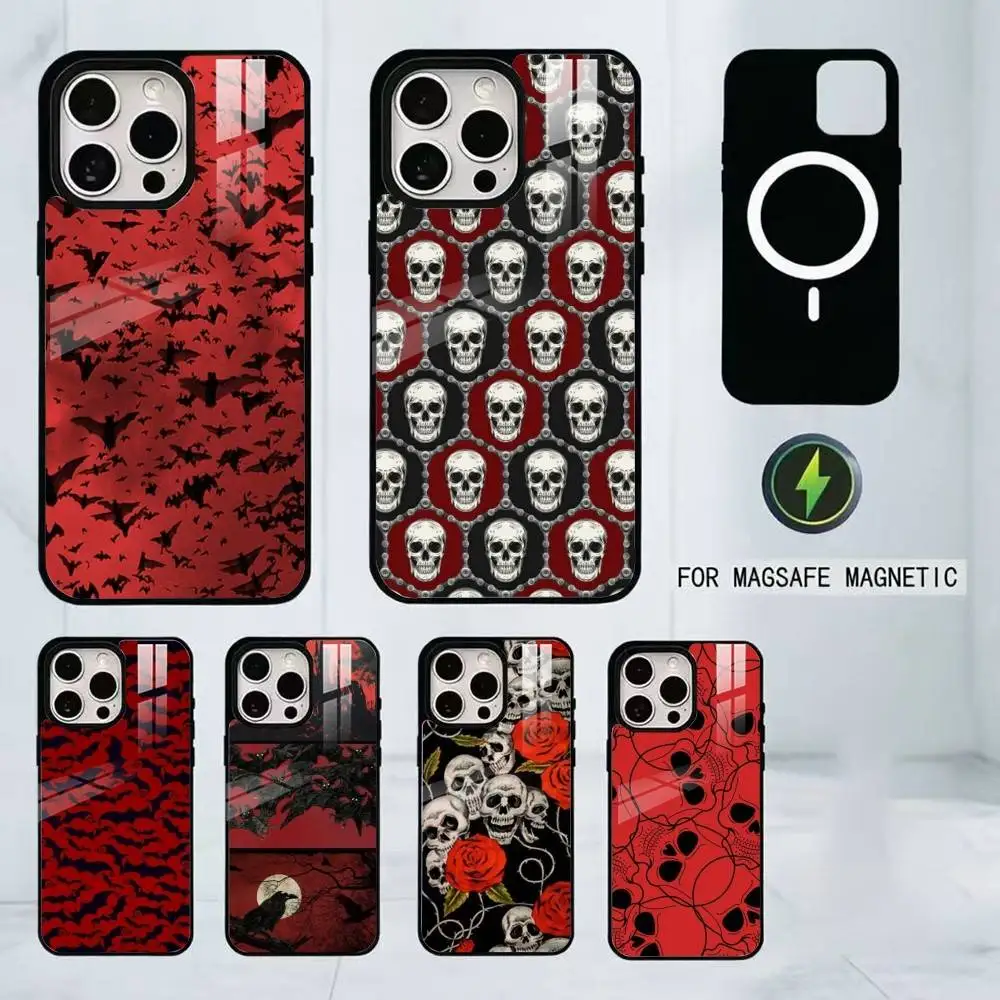 

Vintage Red Bats Skull Trendy Pattern Phone Case For iPhone17,16,15,14,13,12,11 Plus,Pro Magnetic with Magsafe Wireless Charging