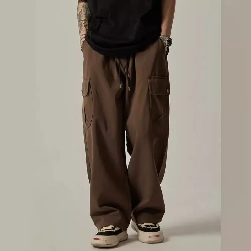 KIDWHXR Man Cargo Pant Vintage Simple Solid Color Comfortable Male Straight-leg Pant Loose Elastic Waist Drawstring Men Trousers