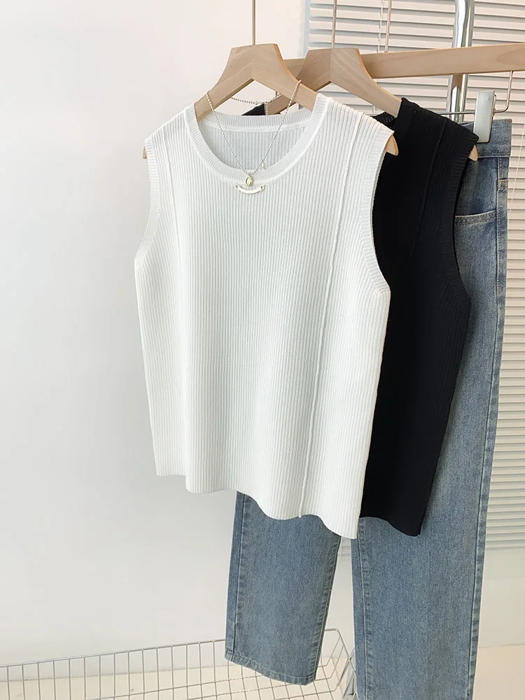 

Женский летний новый трикотажный жилет из ледяного шелка больших размеров, свободный, скрывающий живот, корейский стиль, с высокой талией