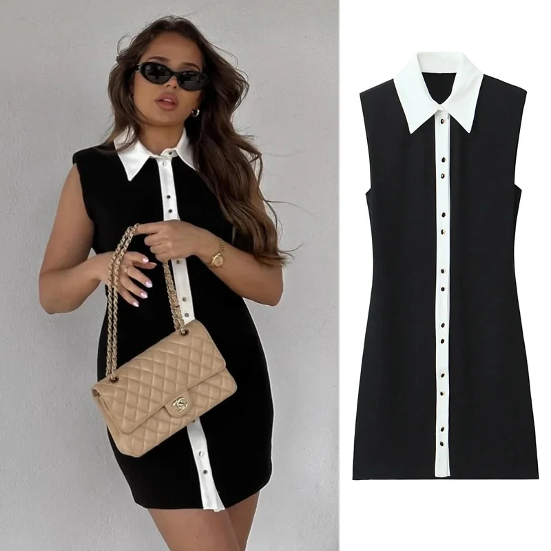 

PB&ZA Women's 2024 Summer New Fashion Casual Contrast Color Lapel Sleeveless Single-Breasted Straight Dress 3897/062