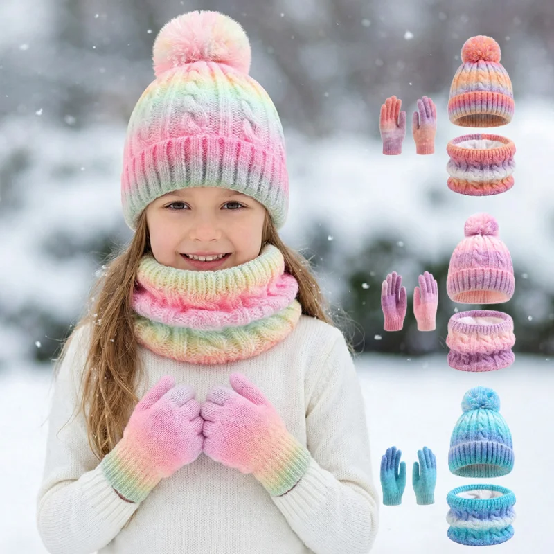 Children Gradient Knitted Hat Scarf Gloves 3Pcs Set Cartoon Bear Ear Pom Pom Beanie Neck Warmer Gloves Winter Warm Kids Snowflak