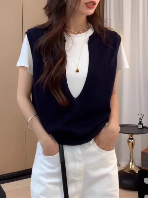 

Faionable Splice Knitted ort Sve round Ne Top Women's plus Size Summer Trendy Color Blo Fake Two-Piece Sle Korea...