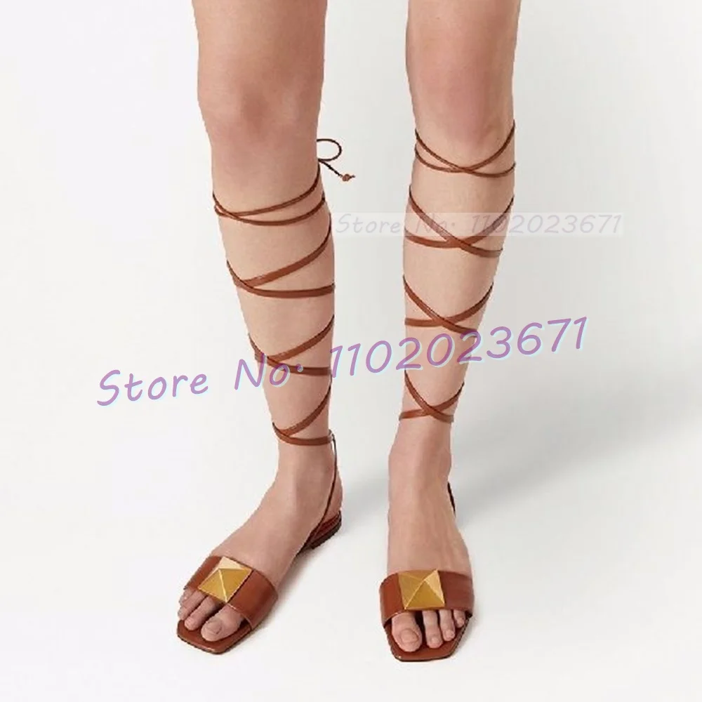 

Rivets Cross-tied Flat Sandals Women Trends Lace-up Graceful Square Toe Shoes Female Summer Outfit Luxury Beach Dress Sandals