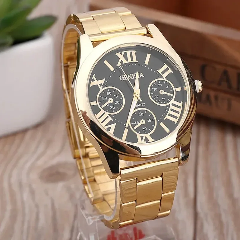 Montre à quartz Genève décontractée pour femme, montre-bracelet habillée en acier inoxydable, horloge dorée pour femme, 3 yeux, nouvelle marque